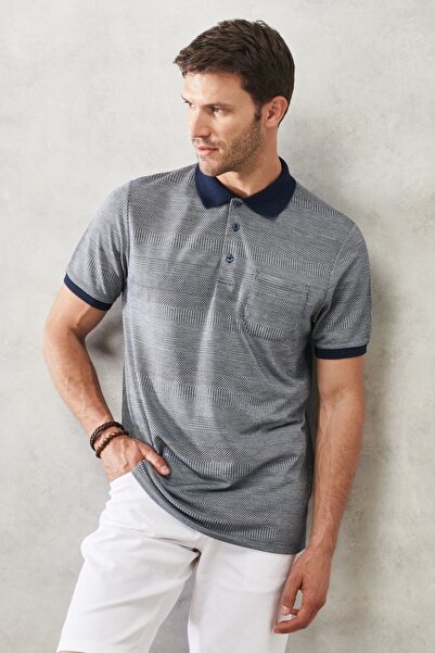 ALTINYILDIZ CLASSICS Men's Navy Blue Comfort Fit Relaxed Cut Polo Neck Patterned Casual T-Shirt