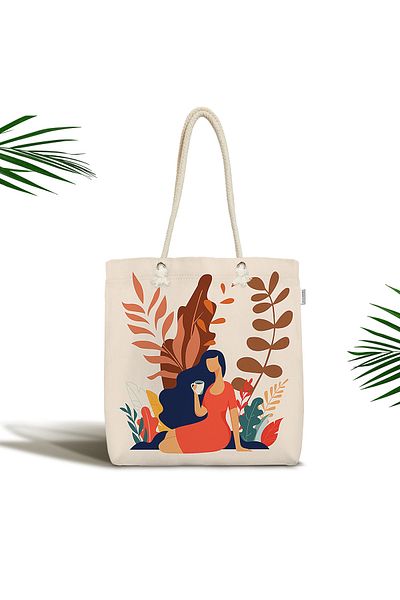 Realhomes Geantă de umăr modernă din țesătură cu fermoar Tropical Leaves cu figurină feminină