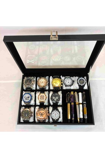 Kelepir Fırsatlar Black Leather Covered Glass Covered Watch Jewelry Earrings Necklace Decorative Box For Storing