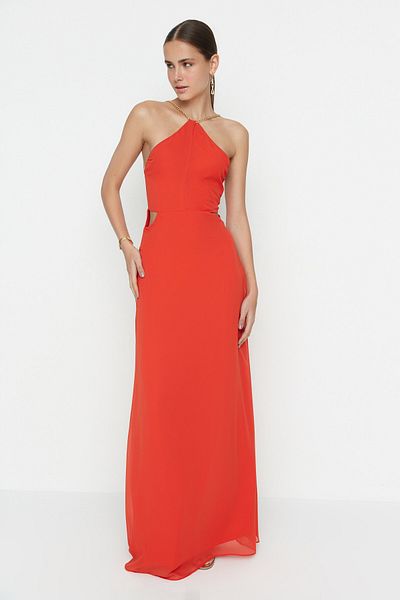 Trendyol Collection Μακρύ βραδινό φόρεμα με μοτίβο λουλουδιών ρόδι - TPRSS22AE0151