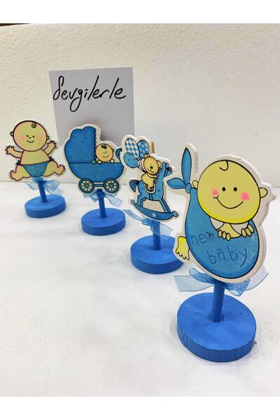 Nikah Şekeri Market Blue Babies Wooden Note Holder with Latch 4 Pieces - Baby Favor Ornament Gift