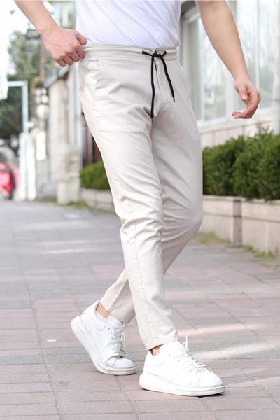 Tarz Cool Μπεζ ανδρικό παντελόνι με κορδόνι Jogger με κουμπιά από ύφασμα Eganis-jggrkmpnt01r0632