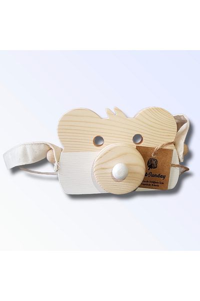 aswood Wooden Educational Teddy Bear Photo Camera, Cute Toy Camera, Animal Toy - White