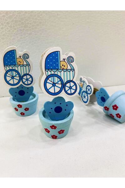 Nikah Şekeri Market Wooden Blue Baby Stroller Note Holder with Latch 8 Pieces - Baby Candy Decoration Gift
