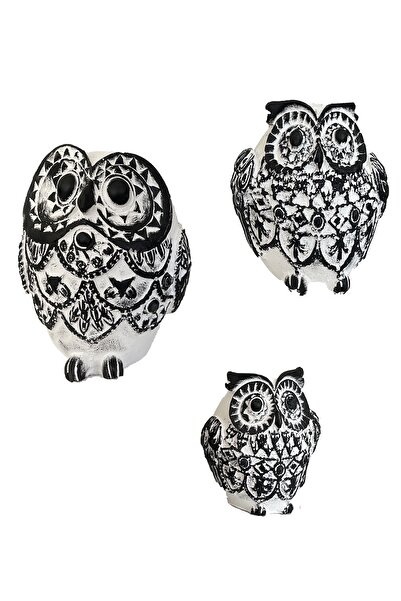 Reynes Kar Baykuşu Heykel Dekor Set 3'lü Set Biblo Dekoratif Kuş Obje