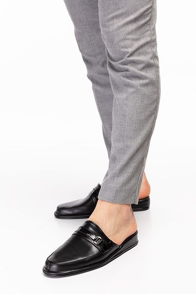 Akgün Terlik Men's Black Genuine Leather Buckle House Slippers