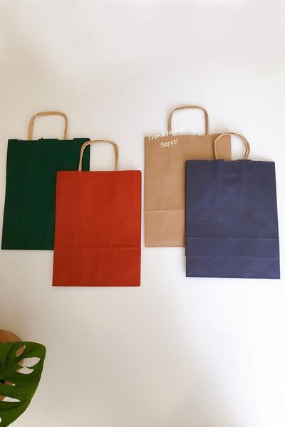 Trend Hediye Sepeti Naturel Büküm Saplı Yeşil Bordo Lacivert Kraft Karton Çanta 4 Adet 18x8x24 4 Renk