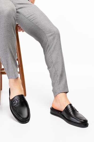 Akgün Terlik Men's Black Genuine Leather House Slippers
