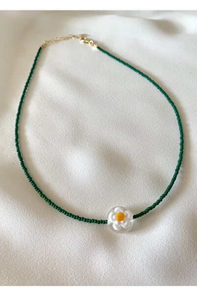 Atelier Çağla Murano Cam Boncuklu Papatya Kolye (yeşil)