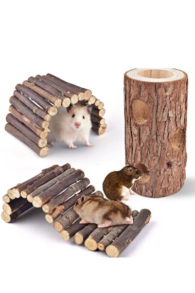 Alyones 3lü Set Doğal Ahşap Merdiven Köprüsü Ve Orman Içi Boş Ağaç Gövdesi Hamster Egzersiz Kampı