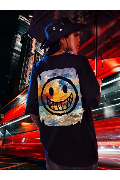 YUVEST Tricou negru, unisex, supradimensionat, din bumbac, imprimat cu desene...