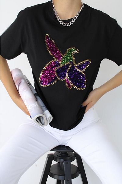 FEMELLE Tricou din bumbac de cusut cu paiete cu flori Harıbulbul negru pentru femei