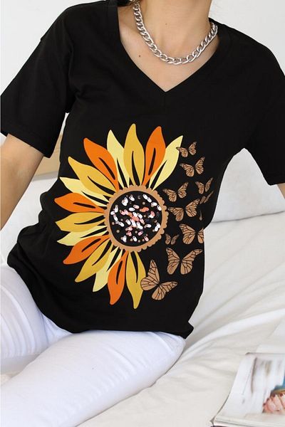FEMELLE Tricou din bumbac brodat cu decolteu în V Daisy Butterfly Paiete