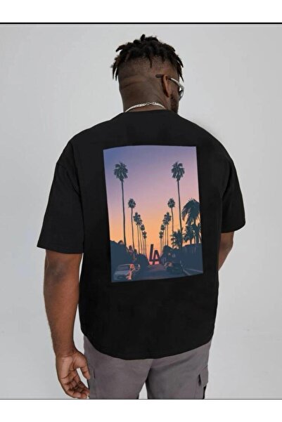 YUVEST Tricou Blackrock unisex Los Angeles, cu imprimeu cu nucă de cocos, neg...