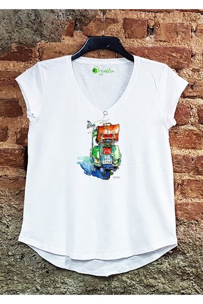 ScubaPromoTurkey تي شيرت نسائي كاجوال أبيض محبوك مطبوع عليه My Vespa My Dream Organic