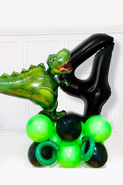PARTİAVM Dinosaur Themed Balloon Set Black 4 Year Old Number Balloon Dinosaur...