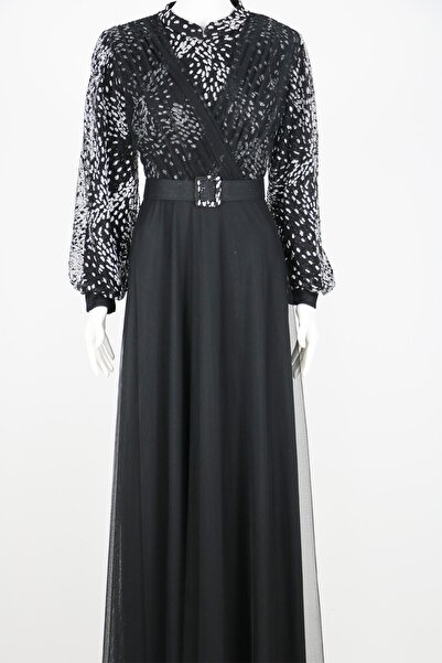 hepyen Siyah Omuzları Beli Büzgülü Uzun Kol U.elbise