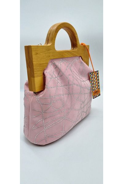 DSN Wooden Handle Stone Decorated Chain Strap Women's Hand and Shoulder Bag Powder Color