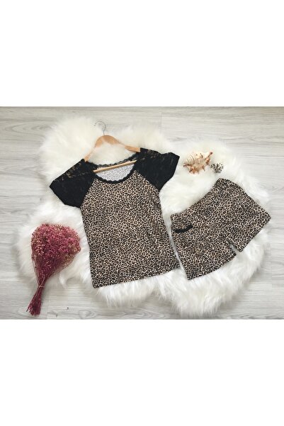 Altınay Leopard Print Shorts Set – 90% Cotton 10% Elastane Comfortable Home Wear - 728