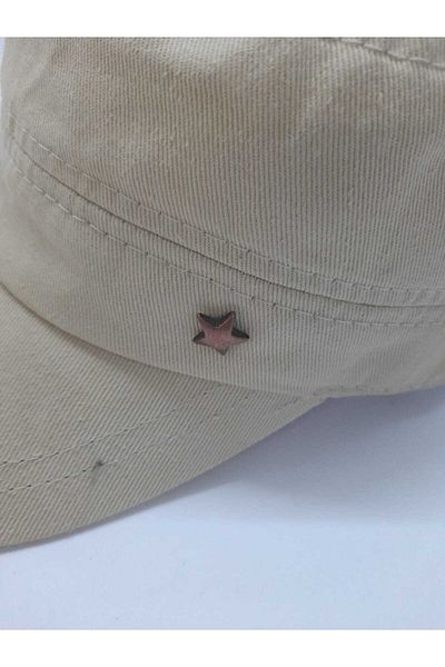 Kardelen Butik Denizli Beige Cream Vintage Military Style Metal Star Hat - Unisex, Back Adjustable