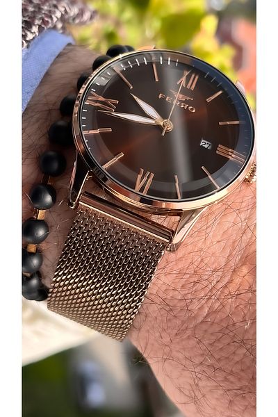 FERRO Steel Mesh Cord Rose Color Men's Wristwatch + Bracelet