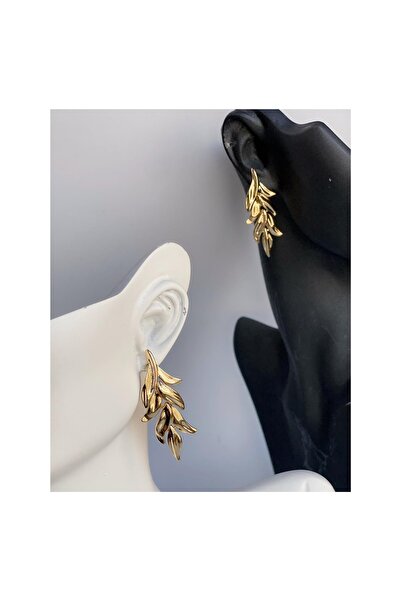 QUEEN AKSESUAR Yaprak Sarkıt Çelik Küpe Gold Altın