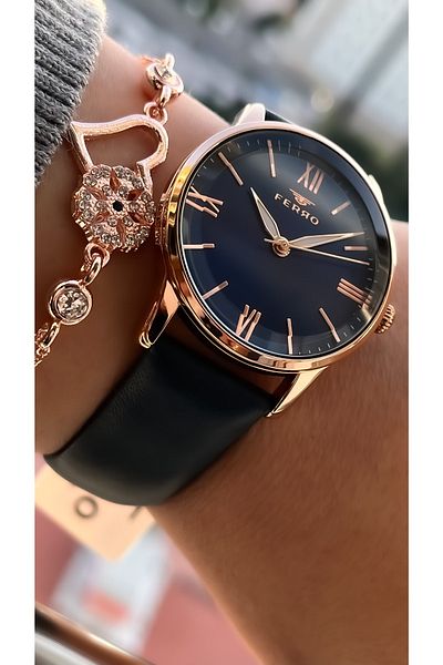 FERRO Leather Strap Navy Blue Color Women's Wristwatch + Bracelet