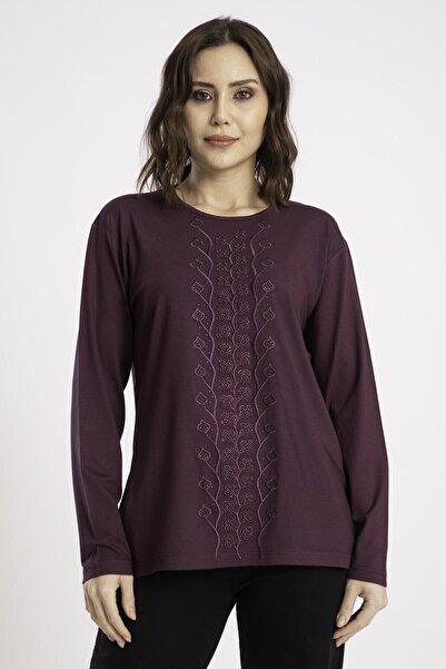 Nacar Anneler Günü Kadın Pudra Desenli Uzun Kol Penye Bluz