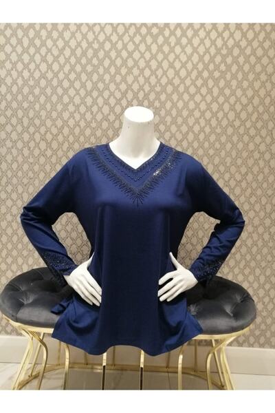 Nacar Dantel Desenli Taşlı Likralı Normal Kesim Uzun Kol Yazlık Baharlık Kadın Anne Penye