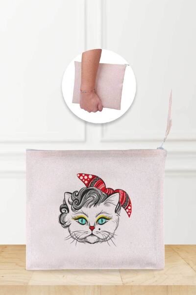 Gizeo Concept Ленена чантичка за грим Kokoş с шарка на котка