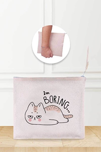 Gizeo Concept Ленена чантичка за грим с шарка на отегчена котка