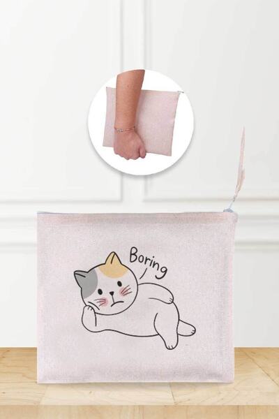 Gizeo Concept Ленена чантичка за грим с шарка на скучна котка