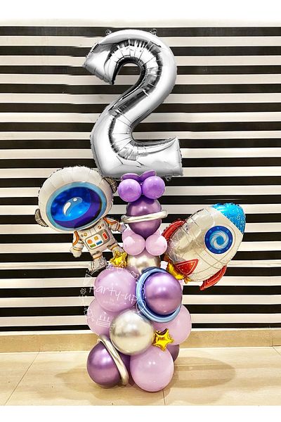 PARTİAVM Astronaut Rocket Space Themed 2-Year-Old Silver Number Balloon Set