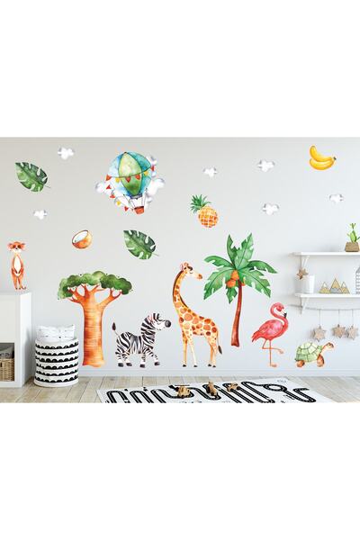 Sticker Sepetim Watercolor Safari Animals Clouds And Flying Balloon Decorativ...