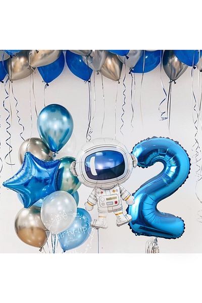 PARTİAVM Astronaut Rocket Space Themed 2 Years Old 100cm Blue Numeral Balloon Set