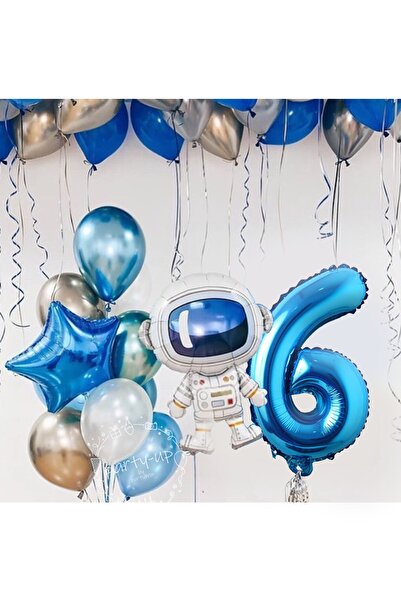 PARTİAVM Astronot Roket Uzay Temalı 6 Yaş 100cm Mavi Rakamlı Balon Seti