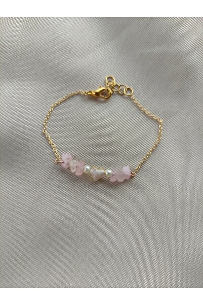 DOĞA ART STORE Kalp Detaylı Doğal Pembe Kuvars Taşlı Bileklik