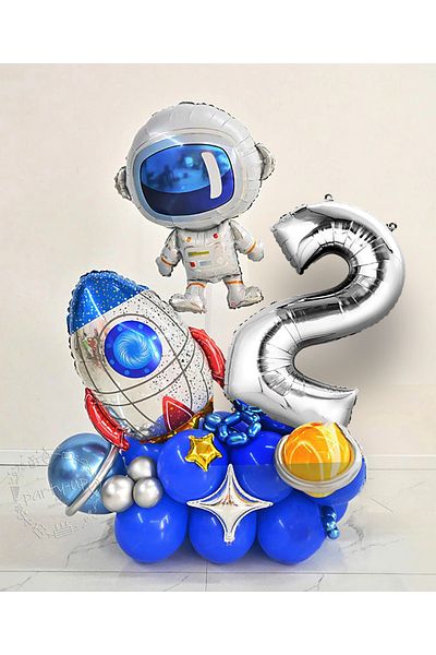 PARTİAVM Astronaut Rocket Space Themed Welcome Set with Silver Number Balloons