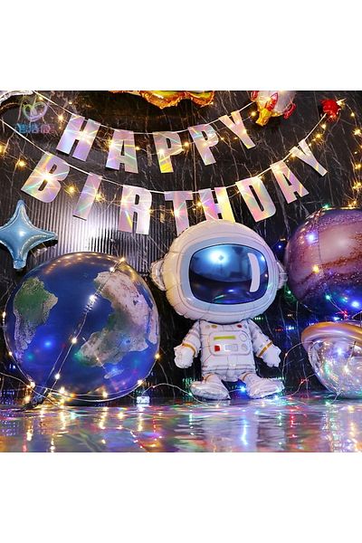 PARTİAVM Astronaut Rocket Space Themed Welcome Set with Large Blue Number Balloons