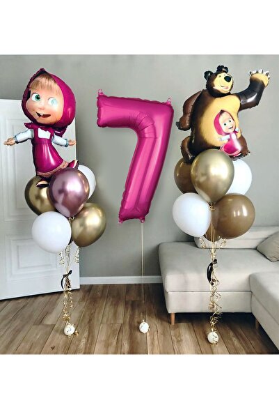 PARTİAVM Lisanslı Büyük Boy Maşa Ile Koca Ayı Balon Seti Maşa Balon 100cm Rak...