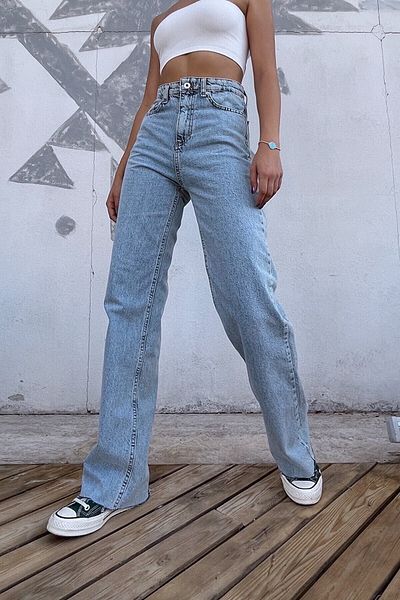 Trn JNS Blugi Palazzo din Lycra Albastru - Pantaloni largi cu talie super înaltă