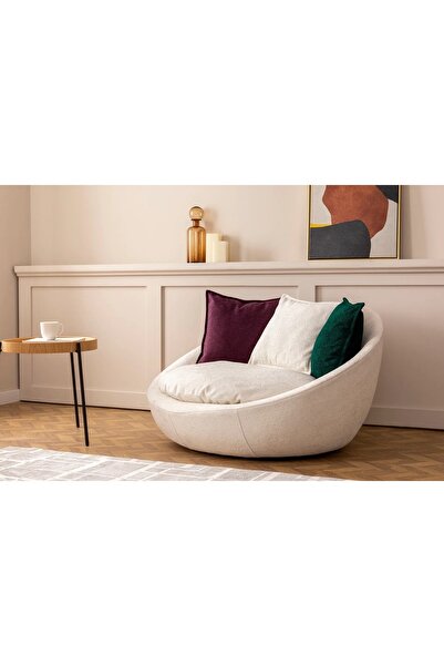 S Home Design Concept Kuanza Minderli Döner Berjer / Tekli Koltuk, Teddy, Kırık Beyaz