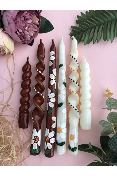 Elif Design 6 Lı Papatya Desenli El Çizimi Kokulu Konik Ve Burgu Mum Şamdan M...