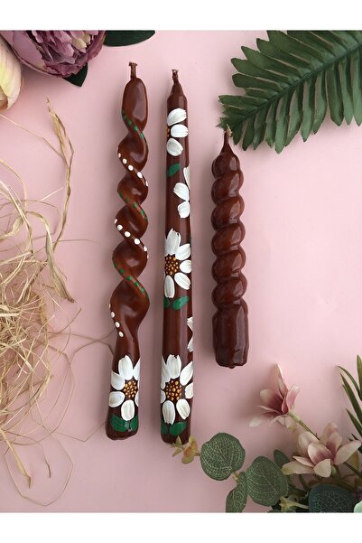Elif Design 3 Lü Papatya Desenli El Çizimi Kokulu Konik Ve Burgu Mum Şamdan M...