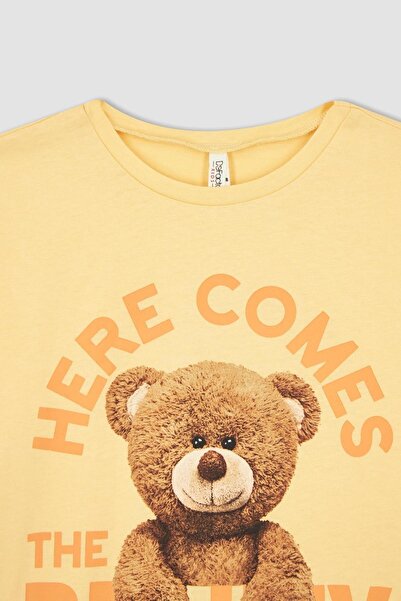 DeFacto Girl's Regular Fit Teddy Bear Printed Short Sleeve T-Shirt