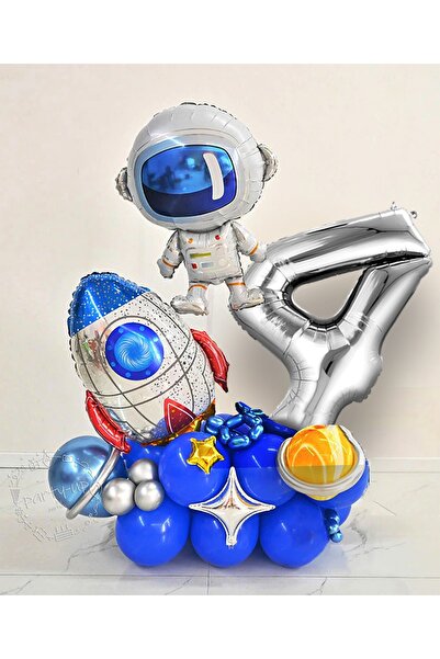 PARTİAVM Astronaut Rocket Space Themed Welcome Set with Silver Number Balloons
