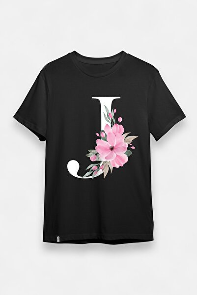 MAYMUUN DESIGN Μαύρο μπλουζάκι με στάμπα με λουλούδια με το γράμμα J