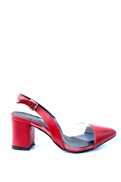 Mismall Women's Red Leather Toe Transparent Detailed Ankle Strap Heeled Shoes