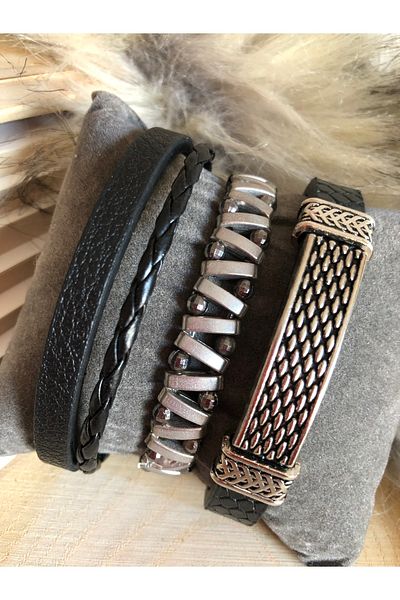 NFS BUTİK Men's Metal Object Leather Bracelet & Hematite Natural Stone Bracelet 3 Piece Combination