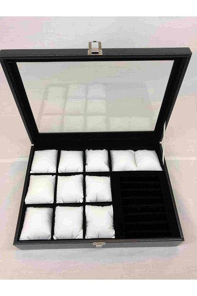 Kelepir Fırsatlar Black Leather Covered Glass Covered Watch Jewelry Earrings Necklace Decorative Box For Storing
